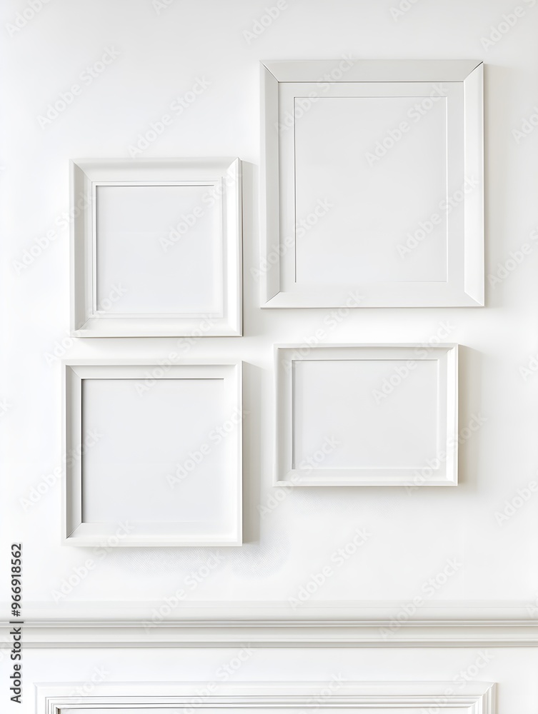 white picture frames on a white wall. white picture frames on a white wall.