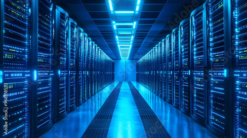 A modern data center filled with servers illuminated by blue LED lights.