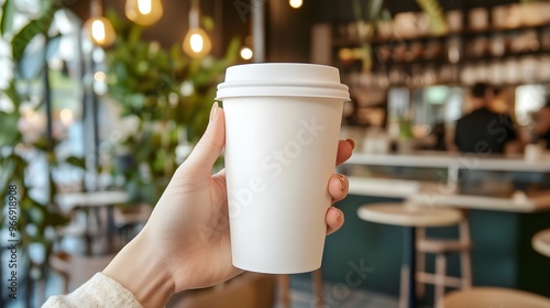 Woman hand holding white reusable coffee cup in cafe interior - photo