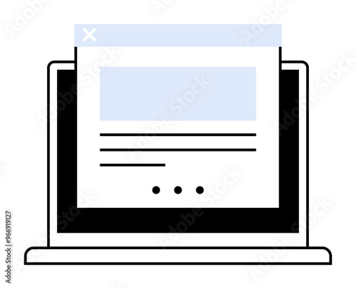 The image shows a laptop with a web browser window open. The browser displays an interface with text and a light blue box, perhaps an image or video. White, black, and light blue are the main colors.