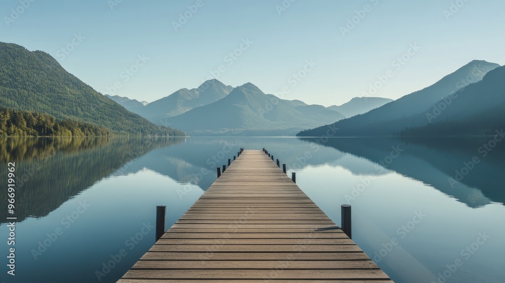 A horizontal shot of a long pier extending into a calm lake, with mountains reflected on the water's surface