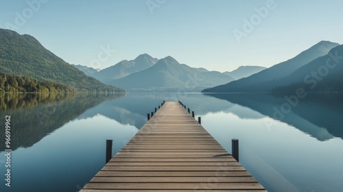 A horizontal shot of a long pier extending into a calm lake, with mountains reflected on the water's surface