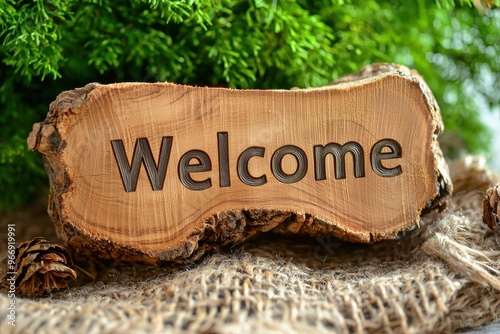 Rustic wooden 'Welcome' sign on forest floor with nature background