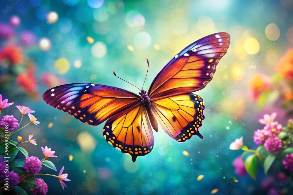 A radiant butterfly dances through the air, its translucent wings beating rapidly as it sips nectar from a colorful flower bouquet. A radiant butterfly dances through the air, its translucent wings beating rapidly as it sips nectar from a colorful flower bouquet.