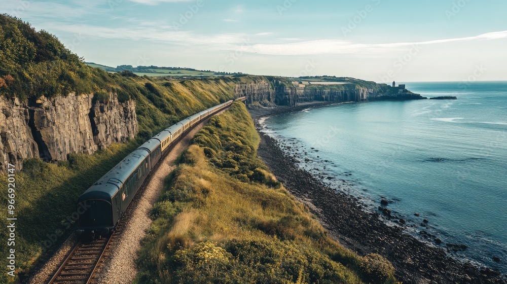 Obraz premium A horizontal shot of a train moving along a coastal railway, with cliffs and the ocean visible in the distance