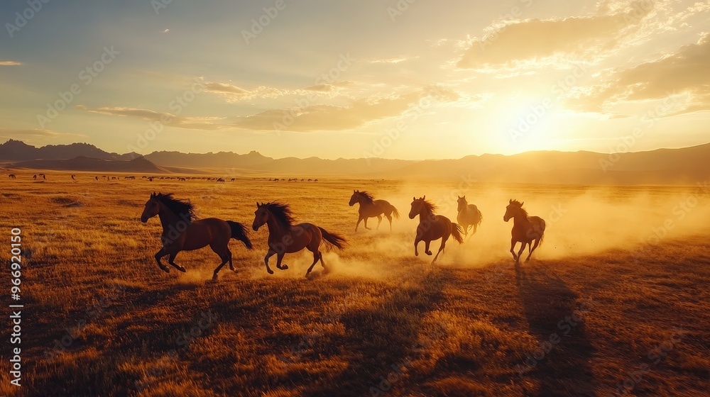 A horizontal shot of horses running freely across an open field, with dust trails and a sunset sky A horizontal shot of horses running freely across an open field, with dust trails and a sunset sky