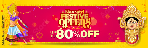 Navratri festival, Dandiya dance, durga Puja, dussehra background. Navratri Festive Offers Logo, sale shopping deals and discount banner design.