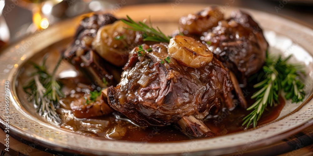Braised beef shanks with savory gravy served on a platter for Sunday dinner Braised beef shanks with savory gravy served on a platter for Sunday dinner