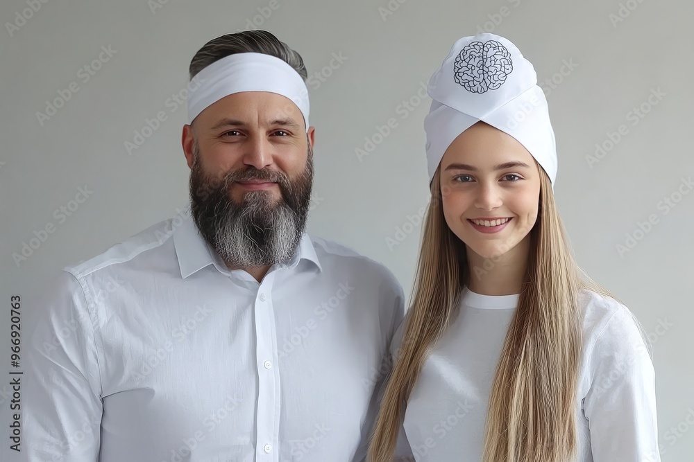 Interaction curiosity and unity father and daughter in white clothing symbolizing purity bonding and family connection Interaction curiosity and unity father and daughter in white clothing symbolizing purity bonding and family connection