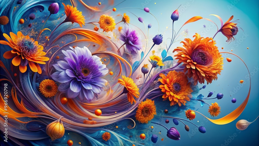 Swirling tendrils of purple and orange flowers erupt from a soft, gradient blue background, blending together in abstract shapes. Swirling tendrils of purple and orange flowers erupt from a soft, gradient blue background, blending together in abstract shapes.