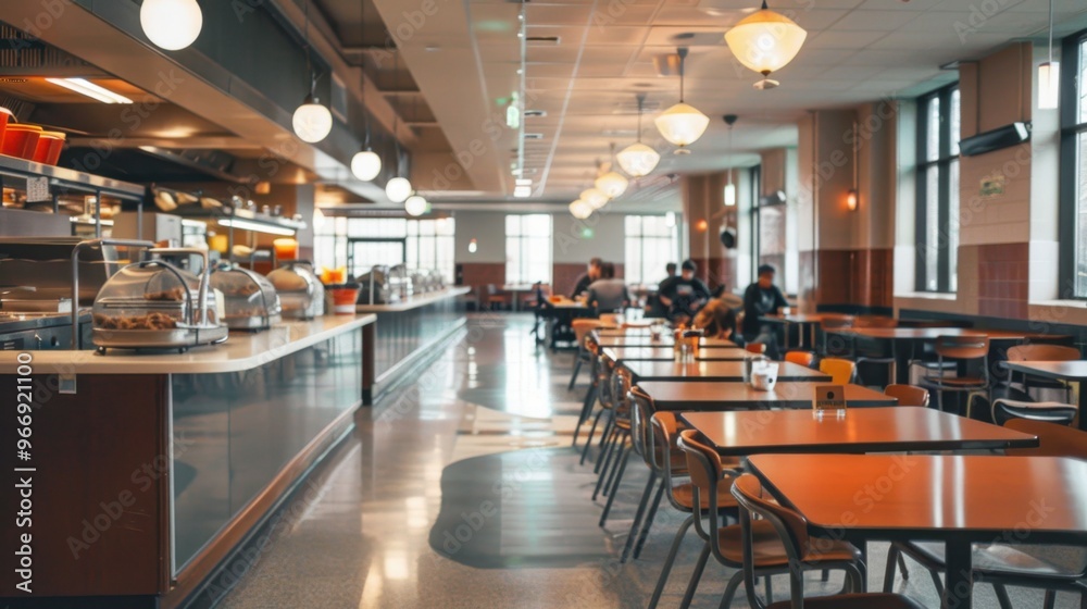 Cafeteria: A space for students to have lunch, with long tables, seating, and food counters offering a variety of meal options.
Cafeteria: A space for students to have lunch, with long tables, seating, and food counters offering a variety of meal options.