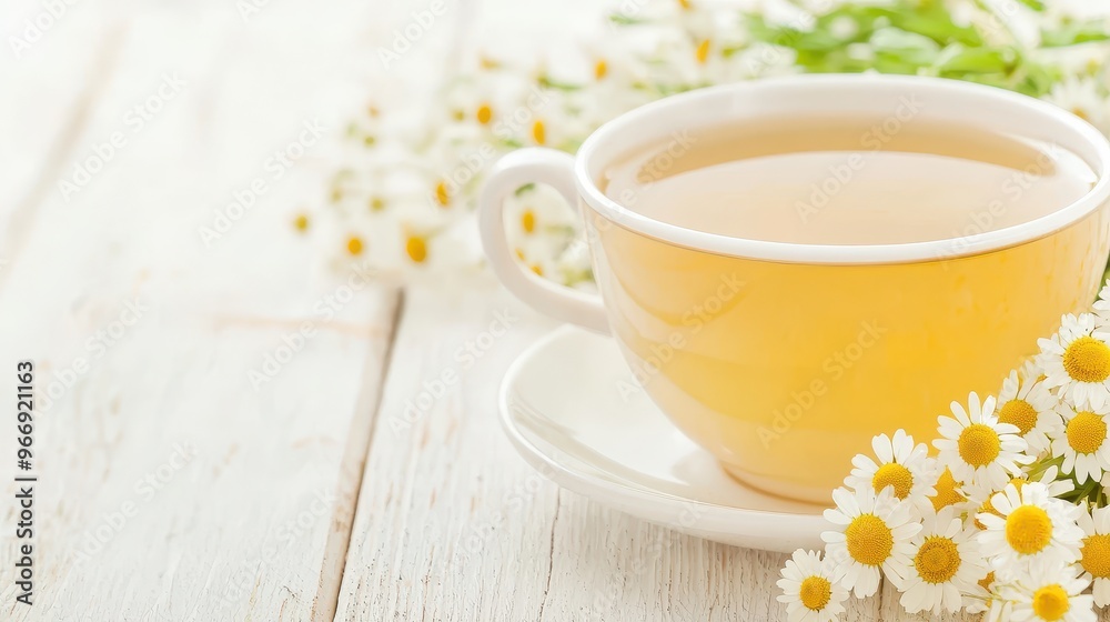 Cup of Chamomile Tea with White Flowers on Wooden Table Cup of Chamomile Tea with White Flowers on Wooden Table