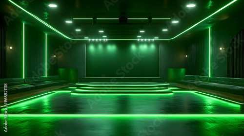 A modern stage with green l...