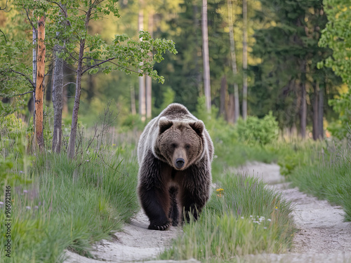 Wild brown bear (Ursus arctos) in the summer forest. Animal in natural habitat photo