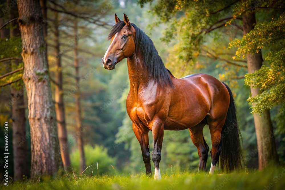 Stallion in nature among trees in full growth Stallion in nature among trees in full growth