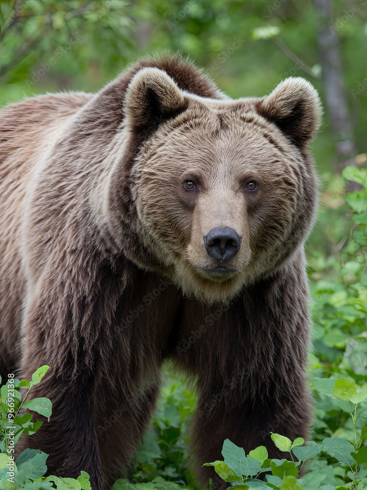 Wild brown bear (Ursus arctos) in the summer forest. Animal in natural habitat Wild brown bear (Ursus arctos) in the summer forest. Animal in natural habitat