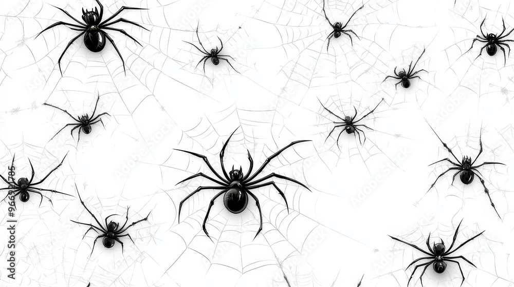 Black Spiders on White Background with Webs Black Spiders on White Background with Webs