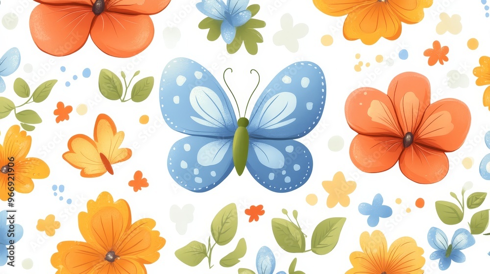 Cute Blue Butterfly and Flowers Seamless Pattern Cute Blue Butterfly and Flowers Seamless Pattern