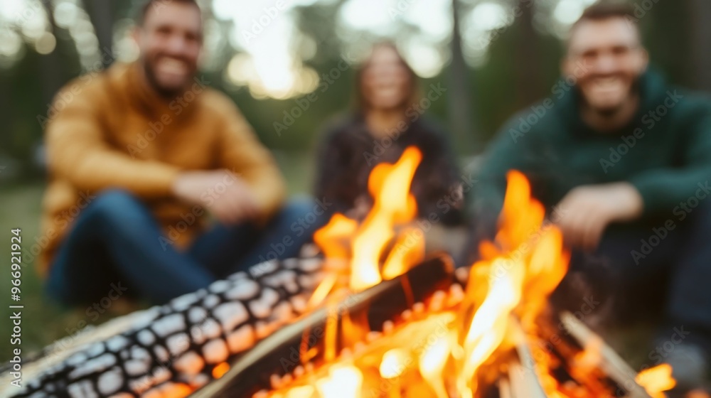 Naklejka premium Warm Glow of Campfire Illuminates Heartwarming Gathering of Friends Sharing Laughter Stories and Joyful Camaraderie in the Serene Outdoor Setting