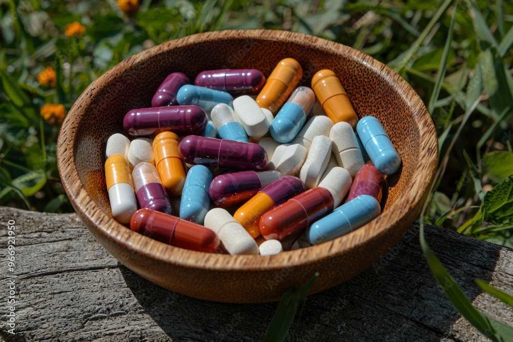 Assorted Pills in a Wooden Bowl Outdoors Assorted Pills in a Wooden Bowl Outdoors