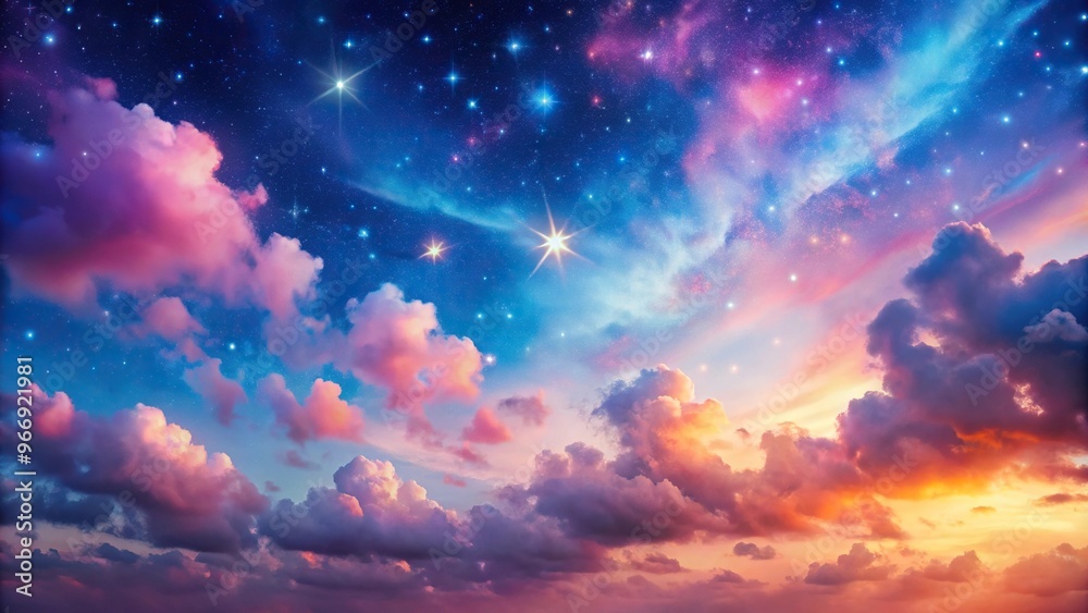 Starry sky over pink and blue clouds at sunset reflected Starry sky over pink and blue clouds at sunset reflected