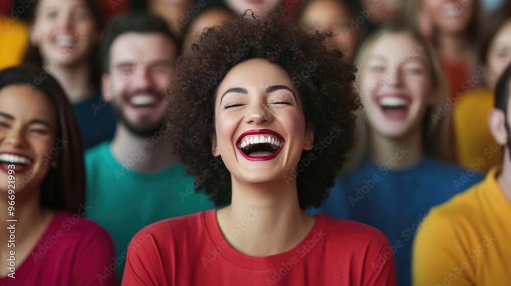 A group of people gathered together all laughing and smiling widely at a lively comedy show performance on stage  The audience is filled with enthusiasm merriment and collective joy