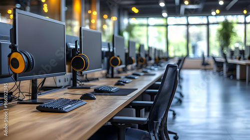 A modern workspace with computers and headphones for collaborative work.