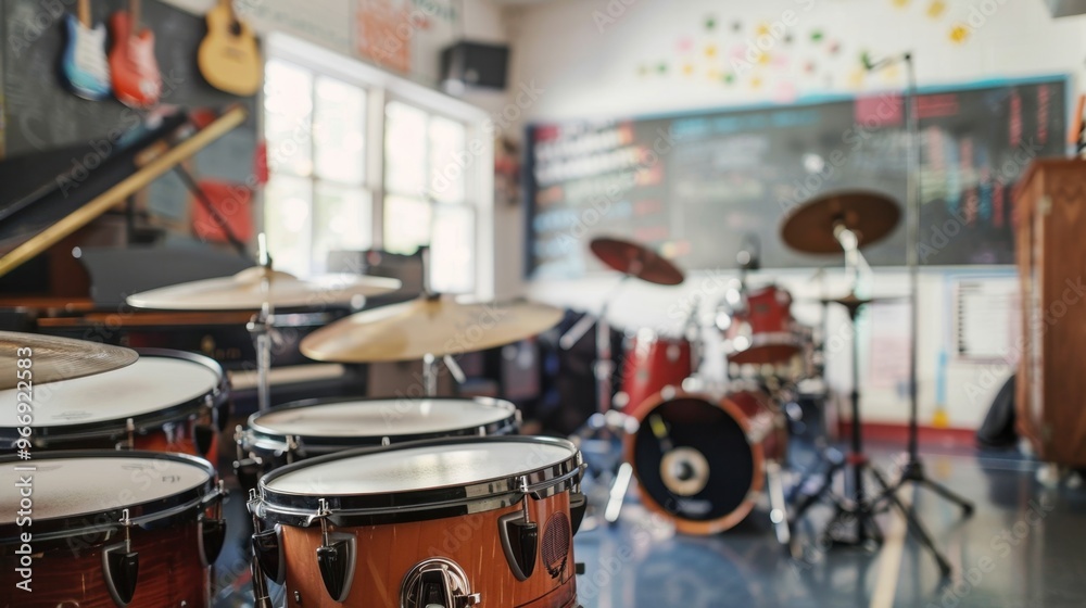 Obraz premium Music Room: An area with a variety of instruments, including pianos and drums, where students learn music theory and practice playing different instruments. 