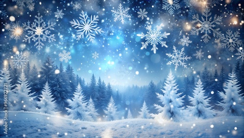 Winter wonderland abstract background heavy snowfall with intricate snowflakes in the sky festive backdrop digital illustration. Defocused lights background