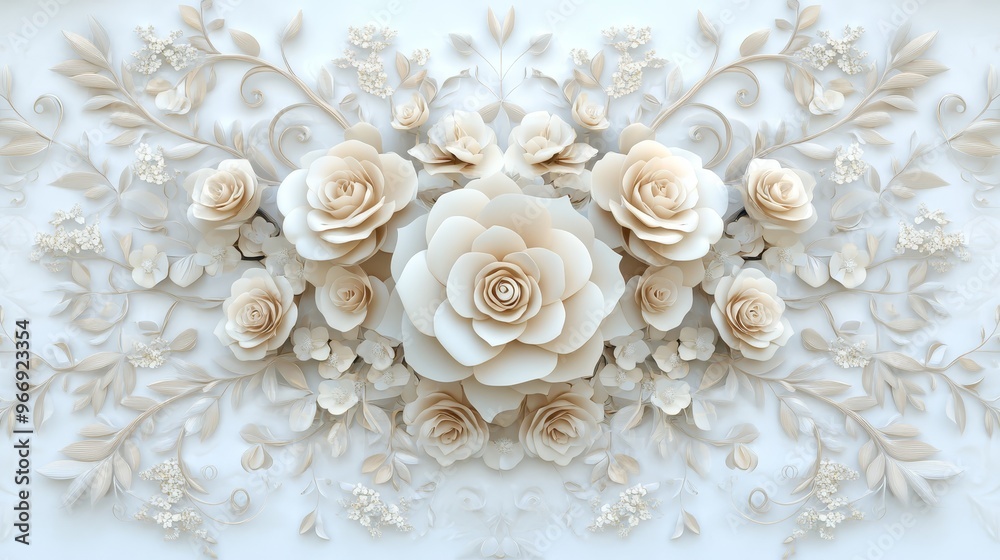 White 3D Floral Pattern with Beige Roses and Delicate Leaves White 3D Floral Pattern with Beige Roses and Delicate Leaves