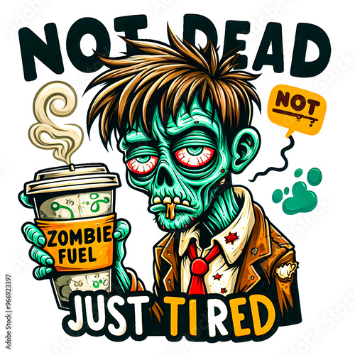 A cartoon zombie with messy hair and droopy eyes, holding a giant coffee cup labeled Zombie Fuel t-shirt design vector art image.
 photo