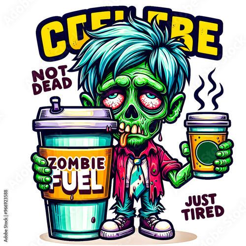 A cartoon zombie with messy hair and droopy eyes, holding a giant coffee cup labeled Zombie Fuel t-shirt design vector art image.
 photo