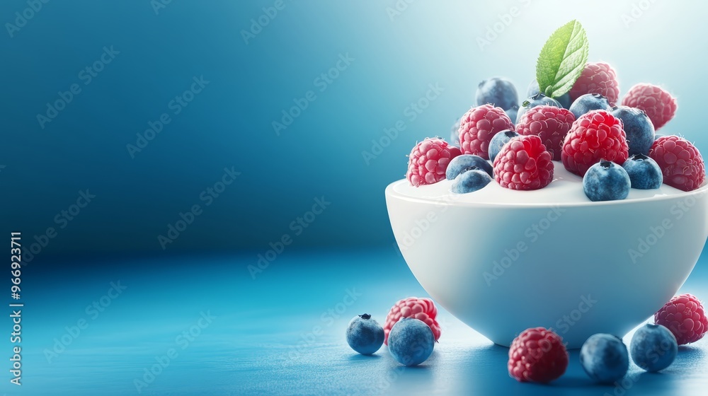 Fresh Raspberries and Blueberries in White Bowl on Blue Background Fresh Raspberries and Blueberries in White Bowl on Blue Background
