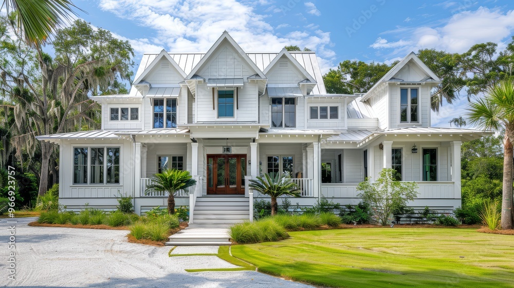 Classic Coastal House with White Exterior, Metal Roof, Shutters, Front Porch, and Lush Backyard Classic Coastal House with White Exterior, Metal Roof, Shutters, Front Porch, and Lush Backyard