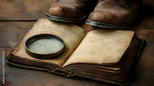 A pair of worn boots stands...