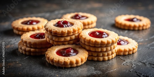 Still life of freshly baked shortbread cookies with cherry jam on a dark background