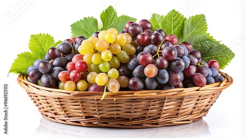 still life photo of grapes in basket on white background