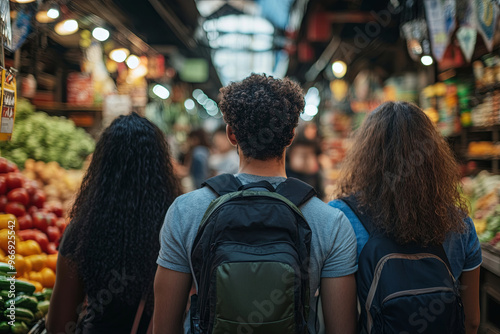 Multiracial group of friends traveling through a bustling Asian market photo