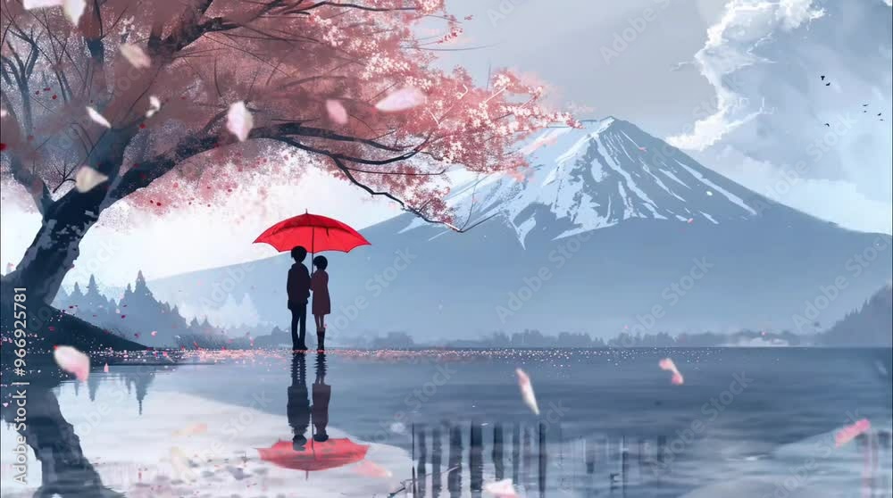 Romantic couple under cherry blossoms with scenic mountain view. Seamless looping time-lapse 4k video animation background