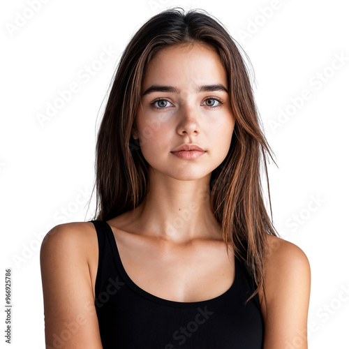 Portrait of a beautiful female model with long brunette hair, isolated on transparent background