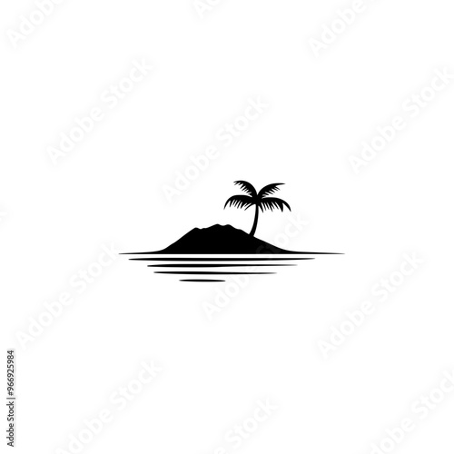 Minimalist island silhouette with palm tree, A simple black-and-white minimalist illustration of a small island with a lone palm tree, reflecting tranquility and tropical vibes.
