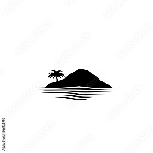 Minimalist island silhouette with palm tree, A simple black-and-white minimalist illustration of a small island with a lone palm tree, reflecting tranquility and tropical vibes.
