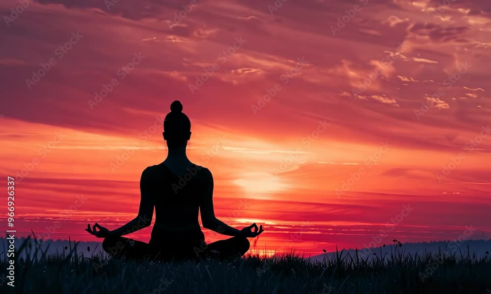 Silhouette of person meditating in lotus position at sunset with vibrant red sky