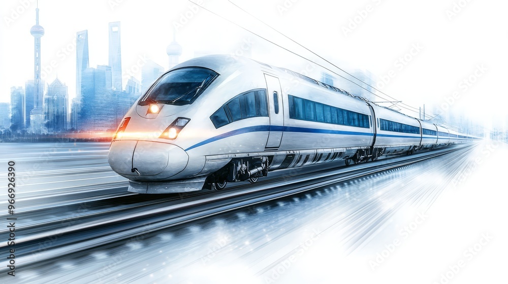 Fototapeta premium High Speed Train in Modern City Landscape with Motion Blur