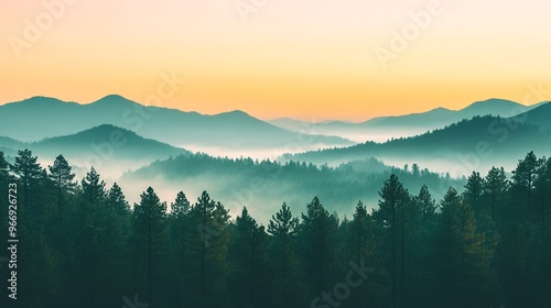 Tranquil sunrise over misty mountains with lush green forests in the foreground.