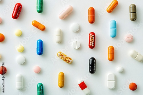 Assorted Pills and Capsules Scattered on White Background