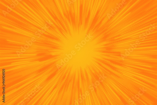 Yellow comic sunburst background. Retro poop art sun light vector cartoon bg. Orange rays with dotted pattern. Striped rays of explosion. Vector manga book effect