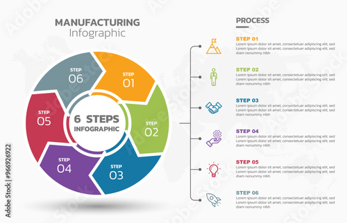 Visual data presentation. Cycle diagram with 6 options. Pie Chart Circle infographic template with 6 steps, options, parts, segments. Business concept. Marketing infographic vector illustration.