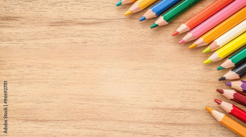 Obraz premium Colorful Pencils on Wood Background with Copy Space
