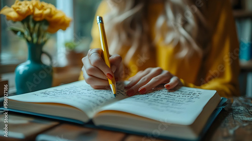 A person writing in a noteb...